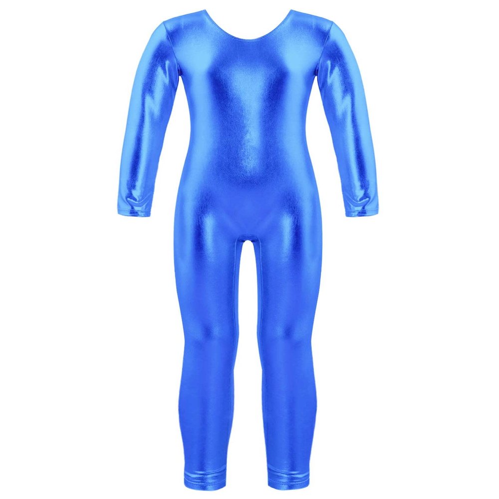 Freebily Girls Shiny Full Body Unitard Long Sleeve One-Piece Gymnastics Leotard Ballet Dance Outfit Costume Catsuit Jumpsuit Royal Blue_B 3-4 Years