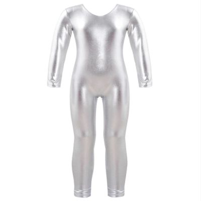 Freebily Girls Shiny Full Body Unitard Long Sleeve One-Piece Gymnastics Leotard Ballet Dance Outfit Costume Catsuit Jumpsuit Silver_B 5-6 Years
