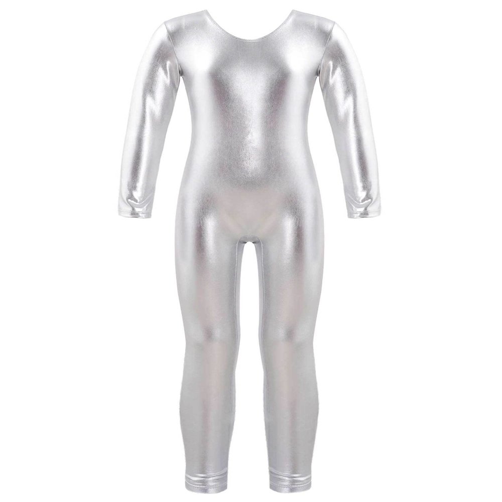 Freebily Girls Shiny Full Body Unitard Long Sleeve One-Piece Gymnastics Leotard Ballet Dance Outfit Costume Catsuit Jumpsuit Silver_B 5-6 Years