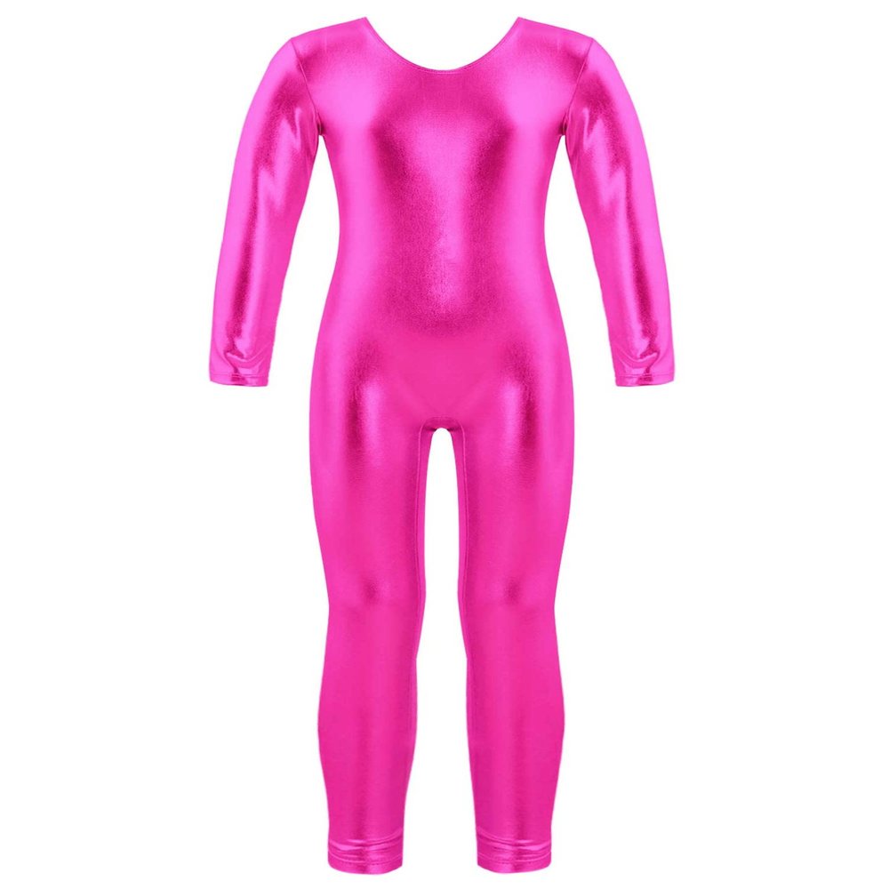 winying Kids Girls Shiny Metallic Sleeveless Full Length Unitard Jumpsuit Ballet Dance Clothes C Hot Pink 4 Years