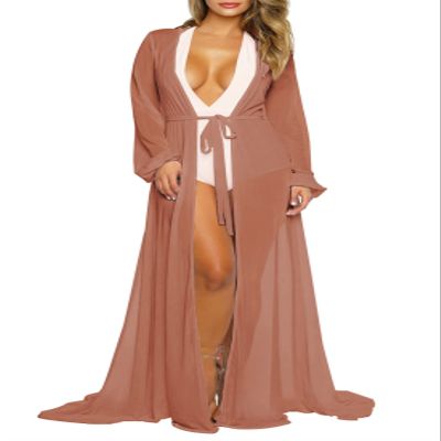 Pink Queen Women's Long Sleeve Brazilian Sexy Maxi Long Bathing Suit Swimsuit Bikini Tie Front Robe Cover Up Coffee L