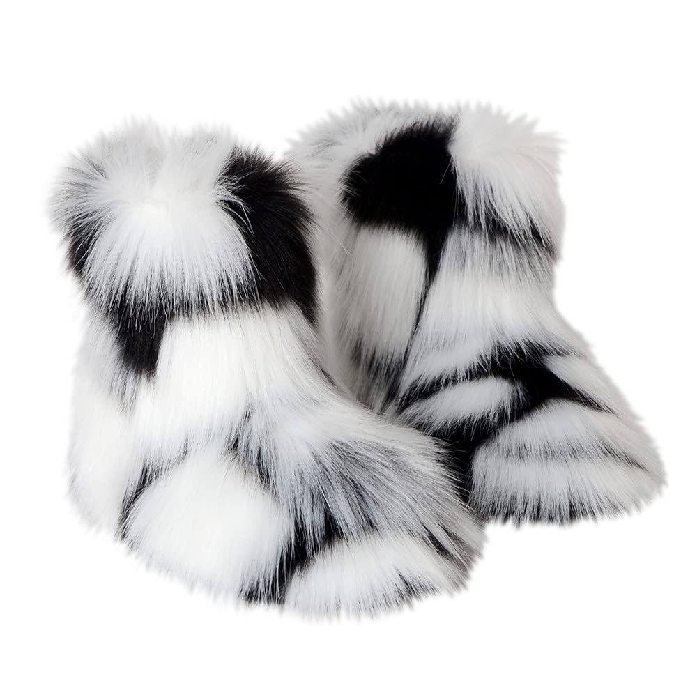 Gegefur Girls Boys Kids Faux Fur Boots Furry Fuzzy Fluffy Warm Winter Snow Boots Flat Shoes Outdoor (Black and White, 11.5)