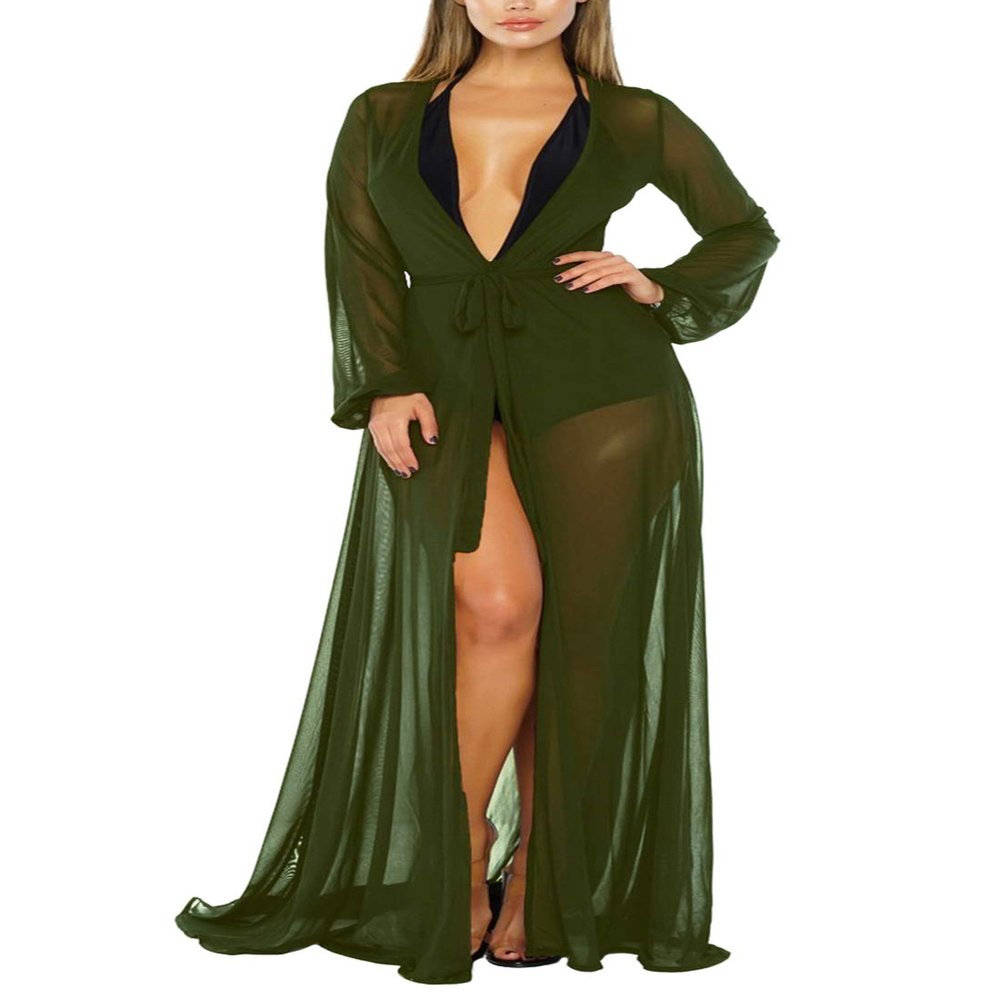 Pink Queen Women's Maxi Beach Bathing Suit Swimsuit Open Front Kimono Cardigan Robe Cover Up Army Green XL