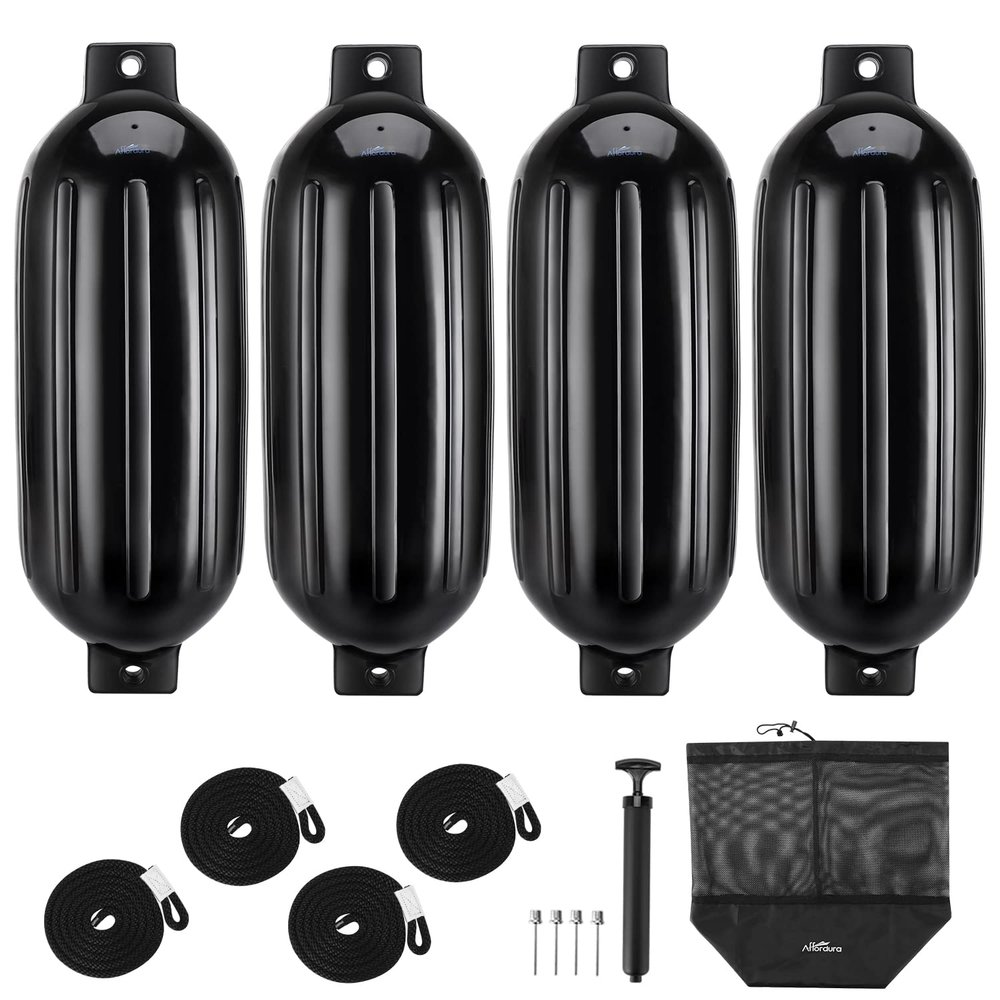Affordura Boat Fender 4 Pack Boat Bumpers Fenders 10 Inch with 4 Ropes, Boat Bumpers for Pontoon Boat Fenders Inflatable(Black)