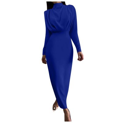 Mock Neck Vintage 50S Prom Dress Bodycon Pleated Midi Dresses for Women Long Sleeve Bodycon Pencil Full Length Blouson Dress M Blue
