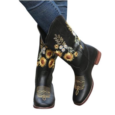 ZBYY Cowboy Boots for Women Pointy Toe Low Chunky Heel Cowgirl Boots Winter Sunflower Embroidered Knee High Western Boots