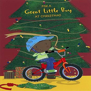 Designer Greetings Boy Wearing Blue Helmet Riding Red Bicycle Juvenile African American Christmas Card for Young Boy