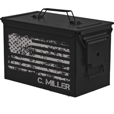 Daylor Matte Black Personalized Engraved Ammo Can Storage Box Custom American Flag (50 Cal)