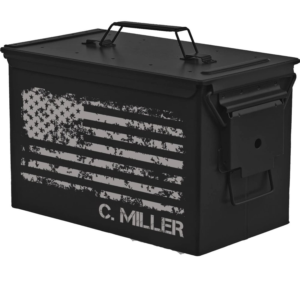 Daylor Matte Black Personalized Engraved Ammo Can Storage Box Custom American Flag (50 Cal)