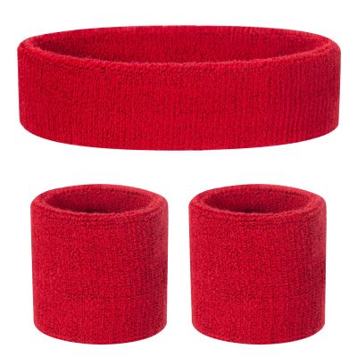 ONUPGO Kids Sweatbands Headband Wristband Set - Athletic Cotton Sweat Band for Sports (1 Headband + 2 Wristbands) (Red)