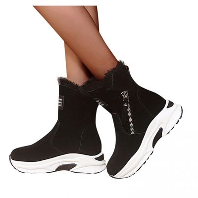 Hbeylia Winter Snow Boots For Women Ladies Casual Plush Fur Lined Wedge Platform Chunky Bottom Heels Mid Calf Boots Suede Warm Fashion Sneakers Fleece Lining Thermal Short Boots For Work Walking