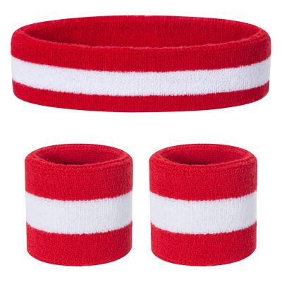 ONUPGO Kids Sweatbands Headband Wristband Set - Athletic Cotton sweat band for Sports (1 Headband + 2 Wristbands) (Red/White/Red)