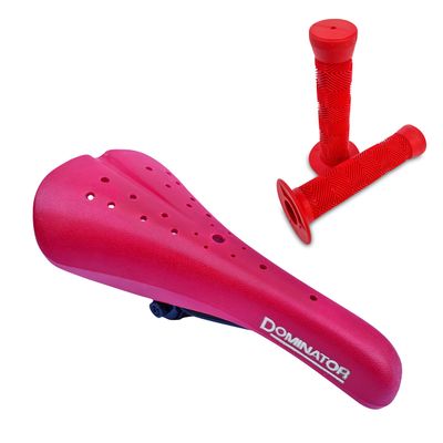 CYCLEZ Dominator BMX Seat Red Old School BMX Bicycle Saddle with One Pair 145mm BMX Flange Grips Bundle Kit