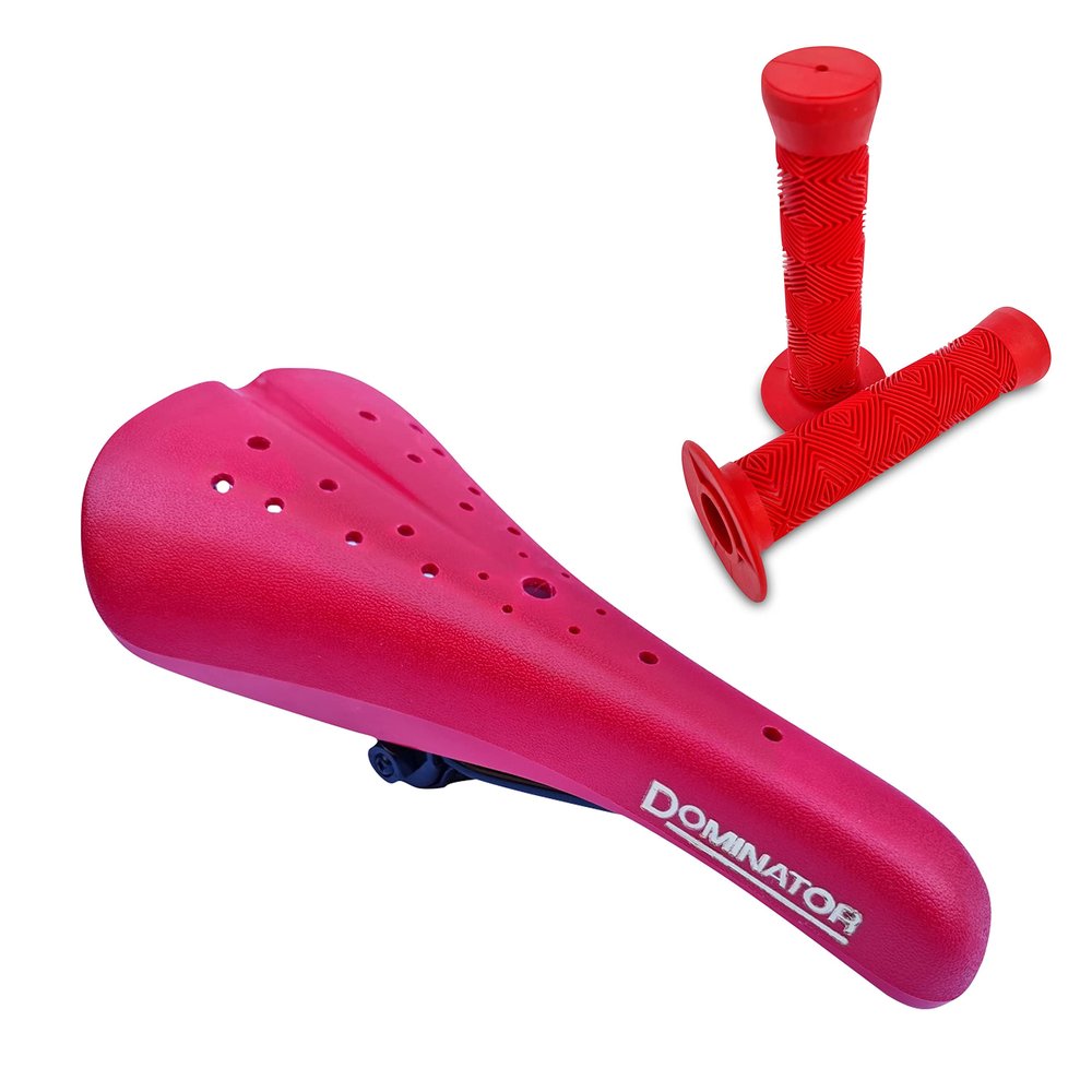 CYCLEZ Dominator BMX Seat Red Old School BMX Bicycle Saddle with One Pair 145mm BMX Flange Grips Bundle Kit