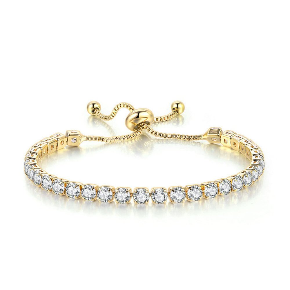Caiyao Tennis Chain Rhinestone Beads Slider Bracelet 14K Gold Silver Plated Adjustable Crystal Seed Bracelet for Women Wedding Party Geometric Jewelry Gift-A gold