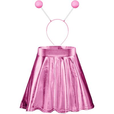 Sintege Halloween Alien Headband and Metallic Flared Pleated Skater Skirt for Costumes Supplies(Medium Skirt,Pink)