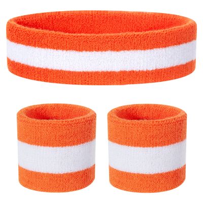 ONUPGO Kids Sweatbands Headband Wristband Set - Athletic Cotton Sweat Band for Sports (1 Headband + 2 Wristbands) (Orange/White/Orange)