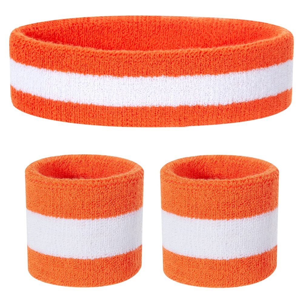 ONUPGO Kids Sweatbands Headband Wristband Set - Athletic Cotton Sweat Band for Sports (1 Headband + 2 Wristbands) (Orange/White/Orange)