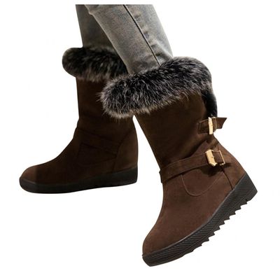 Hbeylia Dress Winter Snow Boots For Women Ladies Fashion Plush Fur Lined Warm Suede Round Toe Wedge Platform Slip On Mid Calf Boots Cozy Fleece Lining Chunky Bottom Mid Heels Short Boots For Christmas