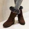 Hbeylia Dress Winter Snow Boots For Women Ladies Fashion Plush Fur Lined Warm Suede Round Toe Wedge Platform Slip On Mid Calf Boots Cozy Fleece Lining Chunky Bottom Mid Heels Short Boots For Christmas view 3