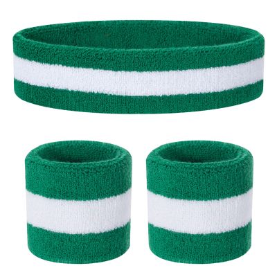 ONUPGO Kids Sweatbands Headband Wristband Set - Athletic Cotton sweat band for Sports (1 Headband + 2 Wristbands) (Green/White/Green)