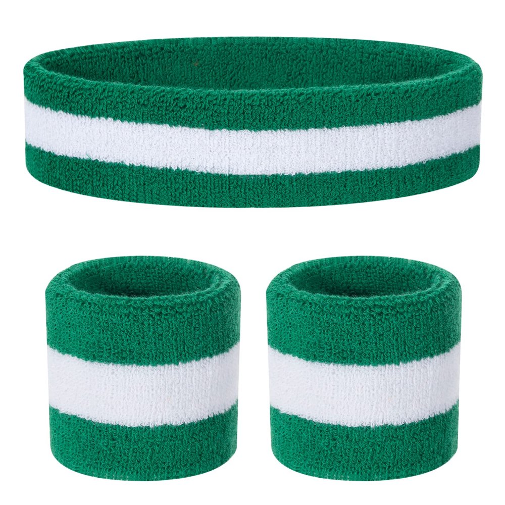 ONUPGO Kids Sweatbands Headband Wristband Set - Athletic Cotton sweat band for Sports (1 Headband + 2 Wristbands) (Green/White/Green)