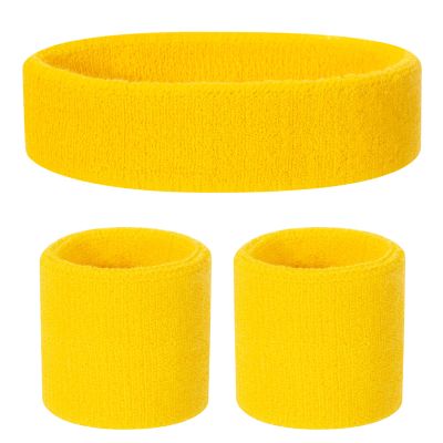ONUPGO Kids Sweatbands Headband Wristband Set - Athletic Cotton Sweat Band for Sports (1 Headband + 2 Wristbands) (Yellow)