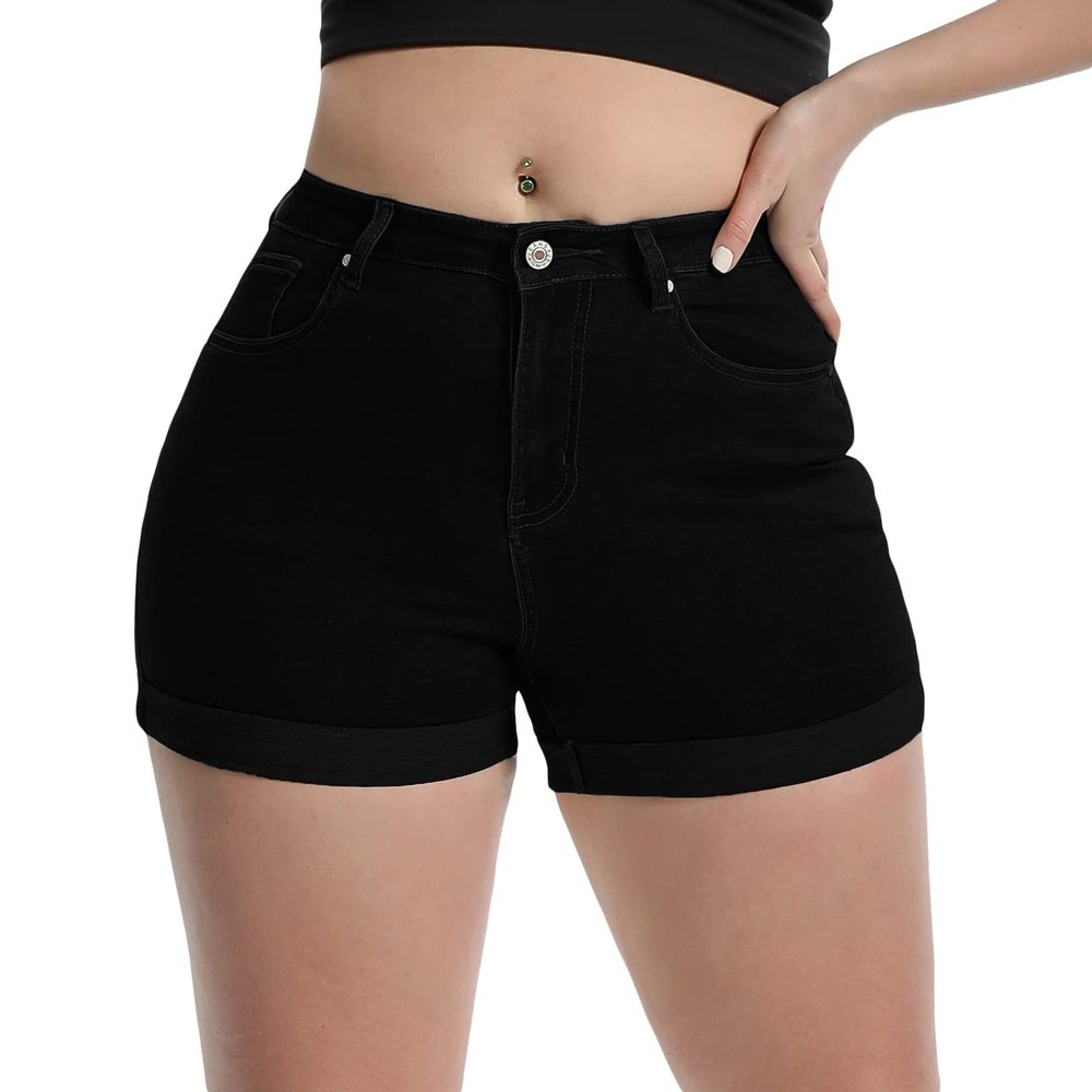 Romastory Women's High Waisted Summer Elastic Jeans Shorts Folded Hem Hot Denim Shorts for Women (XX-Large, Black)