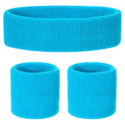 ONUPGO Kids Sweatbands Headband Wristband Set - Athletic Cotton Sweat Band for Sports (1 Headband + 2 Wristbands) (Neon Blue)
