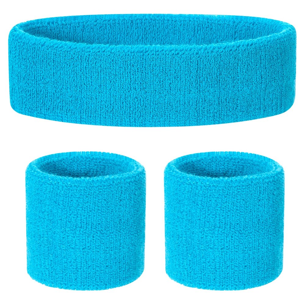 ONUPGO Kids Sweatbands Headband Wristband Set - Athletic Cotton Sweat Band for Sports (1 Headband + 2 Wristbands) (Neon Blue)