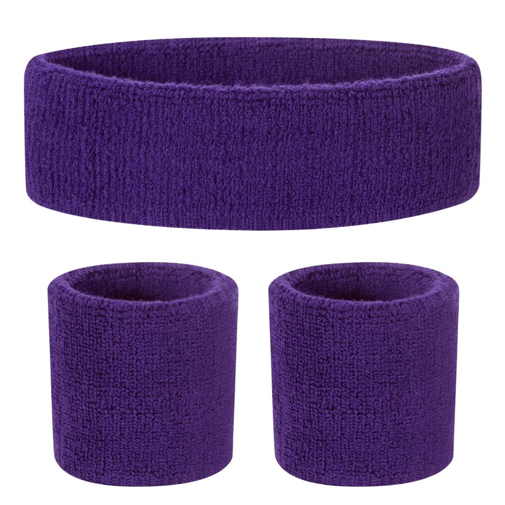ONUPGO Kids Sweatbands Headband Wristband Set - Athletic Cotton Sweat Band for Sports (1 Headband + 2 Wristbands) (Purple)