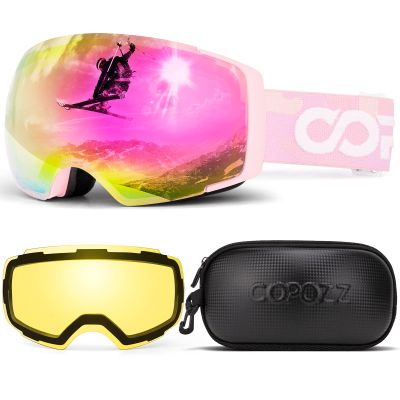 COPOZZ Polarized Ski Goggles Set, M1 Magnetic Snowboard OTG UV400 Skiing Goggles (Pink Lens Pink Frame VLT-45.42%)