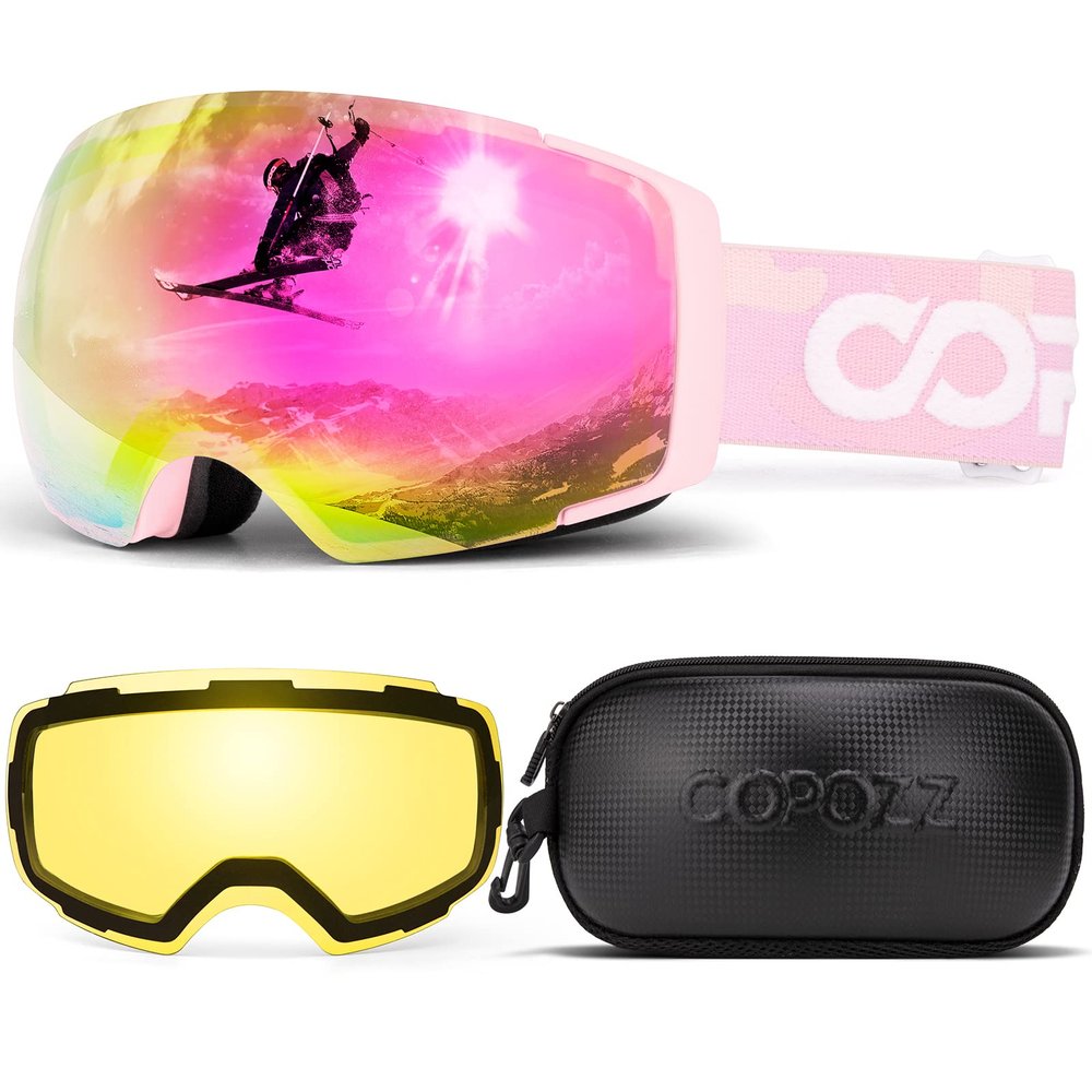 COPOZZ Polarized Ski Goggles Set, M1 Magnetic Snowboard OTG UV400 Skiing Goggles (Pink Lens Pink Frame VLT-45.42%)