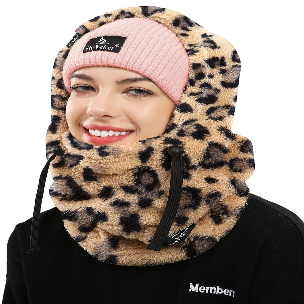 Shy Velvet Balaclava Ski Mask for Women and Men Sherpa Hood ski mask Winter face mask Helmet Hooded Scarf Cold Weather Hat Neck Warmer Leopard