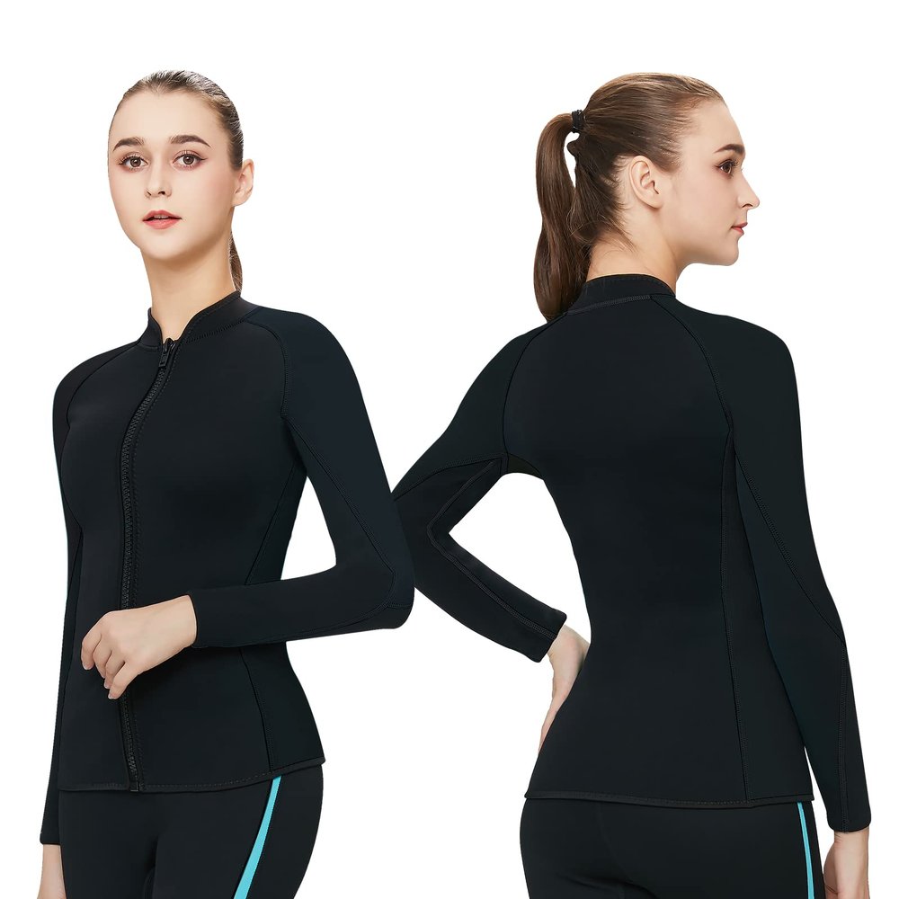 INTBOSS Wetsuit Top Women,2mm Womens Wetsuit Top Long Sleeve Wetsuit Jacket Women Front Zip Warm Wet Suit Jackets for Women Thermal Womens Wetsuit Shirt Swimming Kayaking Diving