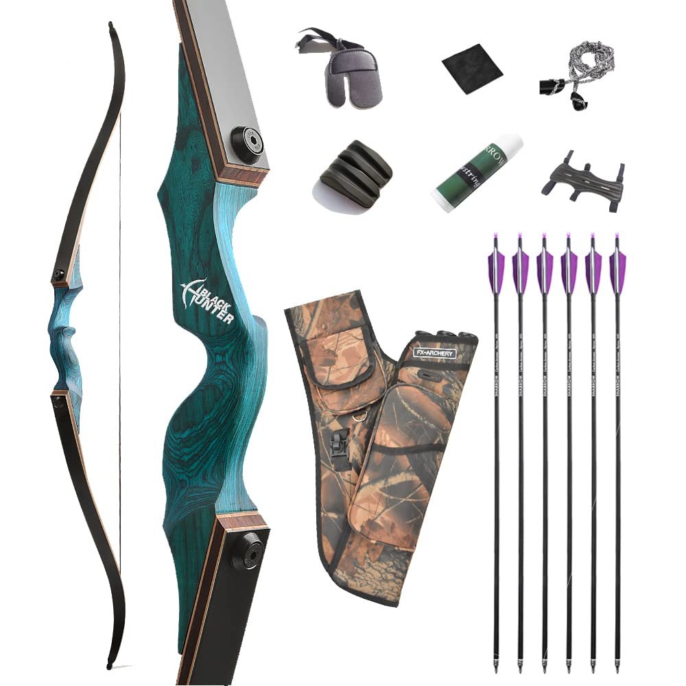 AMEYXGS 60 Inch Takedown Recurve Bow Set for Adults 20-60 Lbs American Hunting Bow Trditional Wood Riser Right Hand Long Bow for Practice Hunting (20 Lbs, Blue)