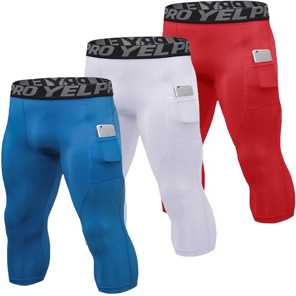 3 Pack Men's Compression Pants 3/4 Workout Dry-fit Baselayers Underwear Sport Tights Running Athletic Leggings Capris
