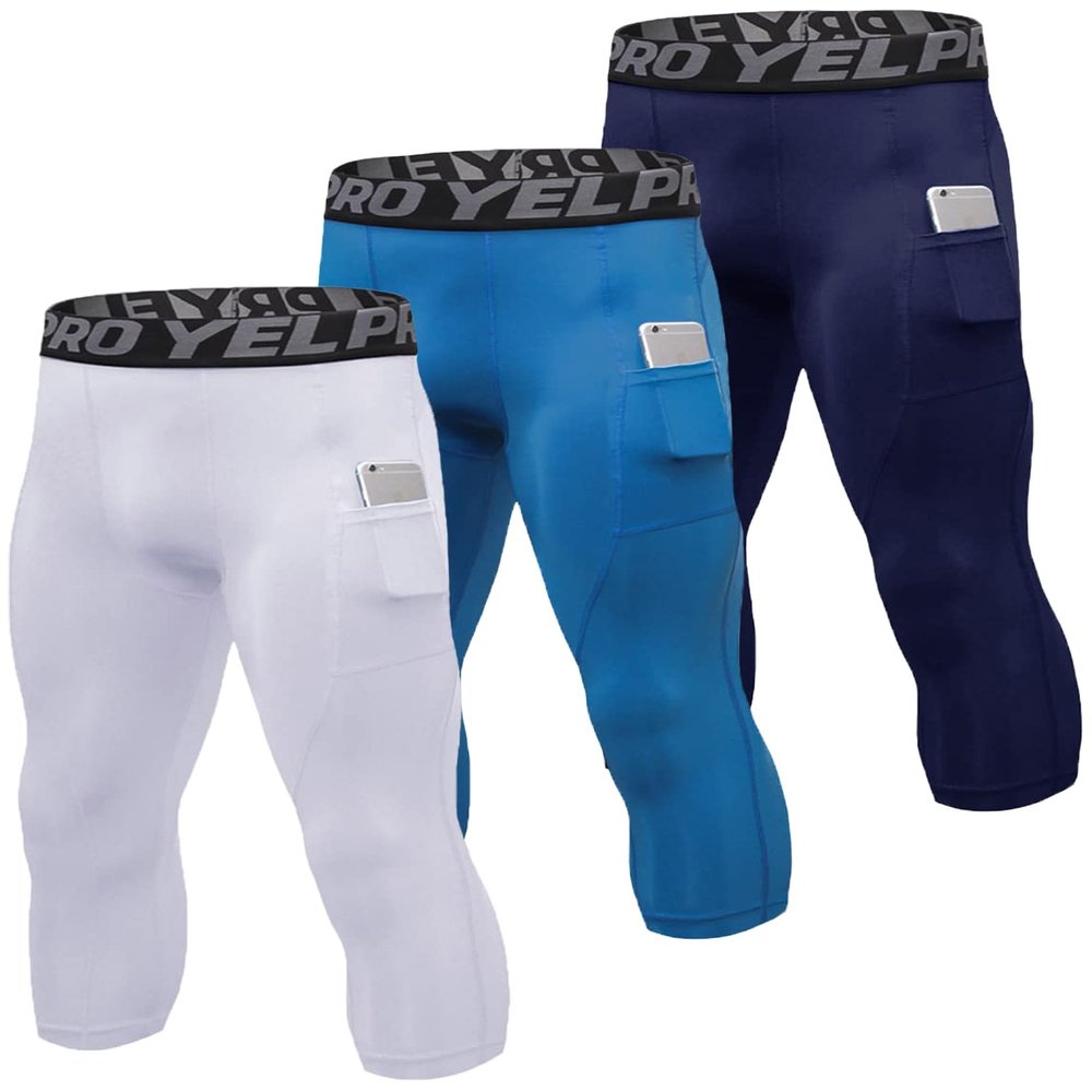 3 Pack Men's Compression Pants 3/4 Workout Dry-fit Baselayers Underwear Sport Tights Running Athletic Leggings Capris