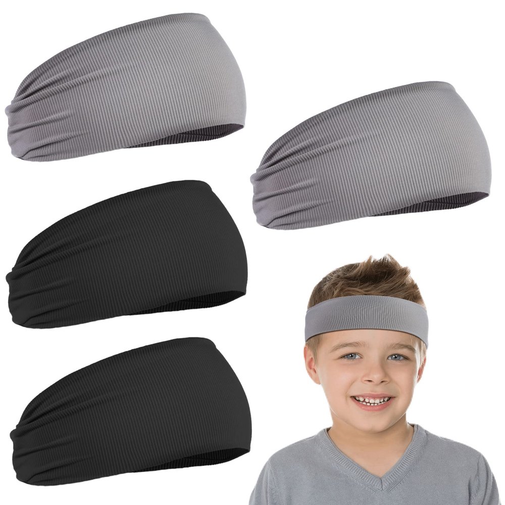 Civaner 4 Pcs Boys Headbands Athletic Sweatbands Kids Sports Wicking Breathable Headbands Elastic for Girls Boys Football(Black, Light Grey)