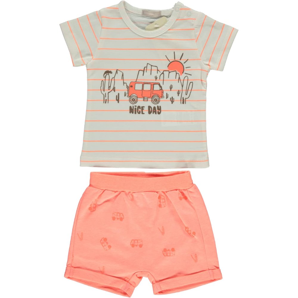 Baby Boy 2-Piece Clothing Set 100% Cotton Desert Trip Tee and Shorts Set for Baby Boy and Toddler Outfits and Gifts (Neon Coral, 9-12 Months)