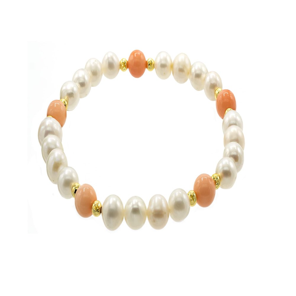 1160 Jewelry White Cultured Freshwater Potato-shaped (5.5-6mm) Pearl Stretch Bracelet with Gold-tone Accents and Genuine Real Pink Coral, 7"