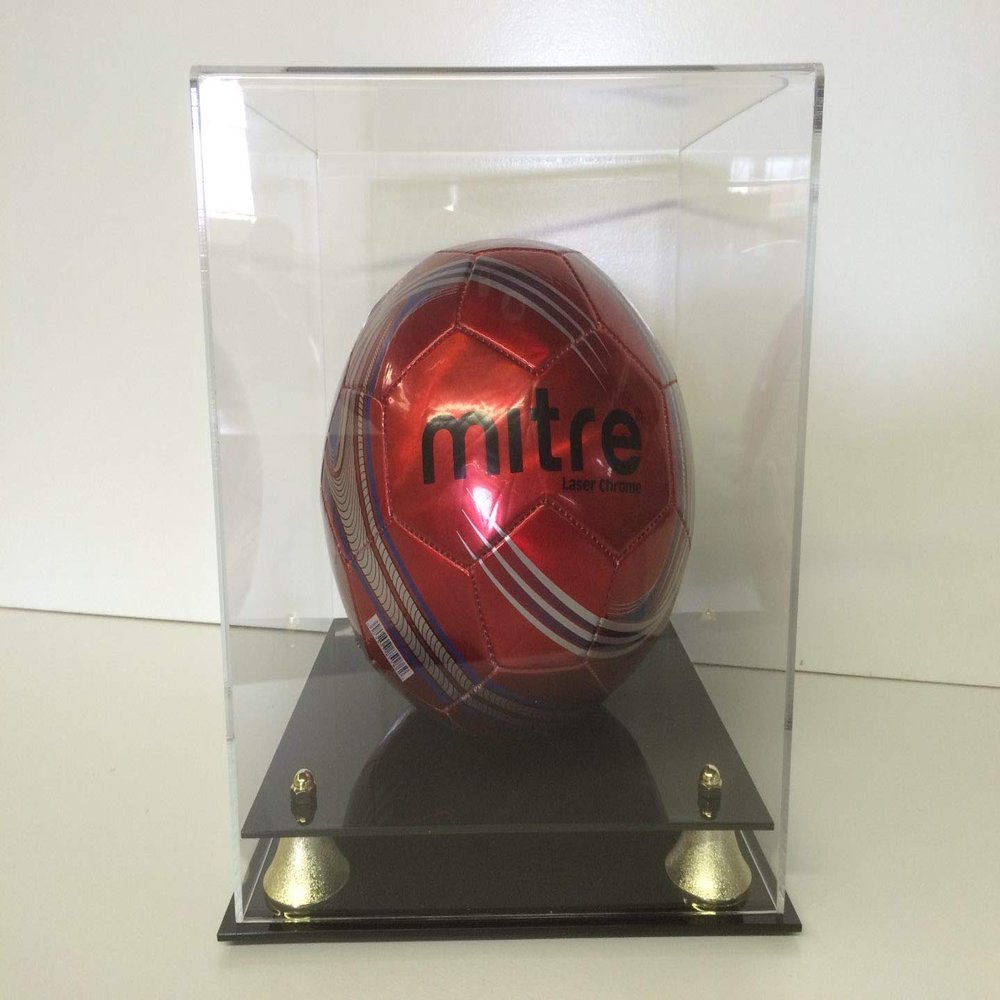 Soccer Ball Display case with Gold Riser Two Tier Base