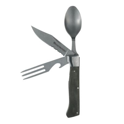 Messermeister Adventure Chef Folding Camp Utensil - Full-Sized Steak Knife, Fork, Spoon + Bottle Opener - 303 Stainless Steel & Distressed Linen Handle