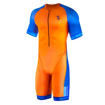 Synergy Triathlon Tri Suit - Men's Elite Short Sleeve Trisuit Cycling Skinsuit (Neon Tangerine/Sky, XX-Large)