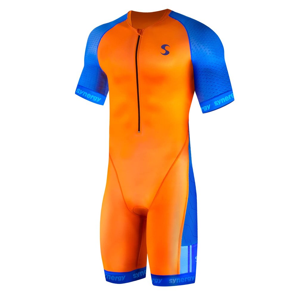 Synergy Triathlon Tri Suit - Men's Elite Short Sleeve Trisuit Cycling Skinsuit (Neon Tangerine/Sky, Small)