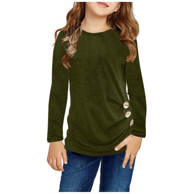 Digood Girls Long Sleeve Tunic Tops Knot Front Button Casual Loose Crewneck T-Shirt Tee Blouse Kids Pullover(Green,6-7 Years)