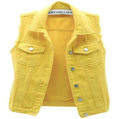 loveimgs Women's Fashion Sleeveless Regular Fit Lightweight Button Front Candy Color Ripped Denim Vest Jacket Pocket (Yellow, Large)