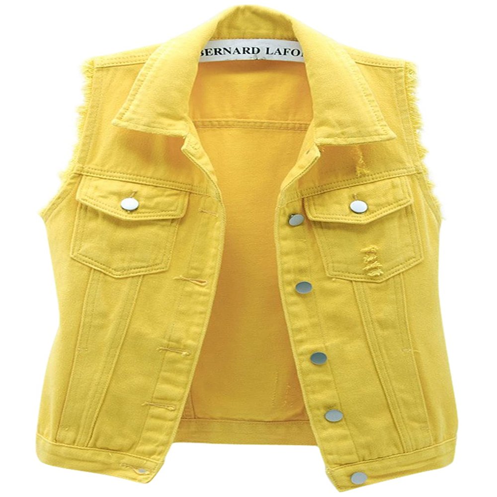loveimgs Women's Fashion Sleeveless Regular Fit Lightweight Button Front Candy Color Ripped Denim Vest Jacket Pocket (Yellow, Large)