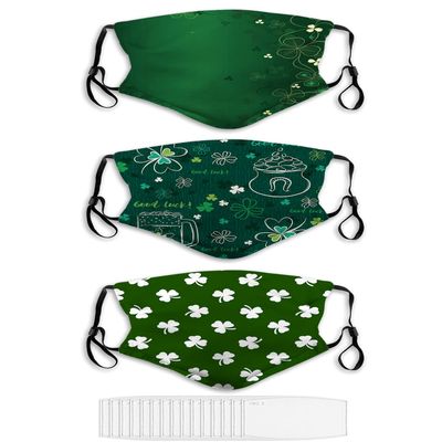ANGELJUAN 3-Pack Face Mask Golden Leaf Clover On Green Background Washable Masks for Adult