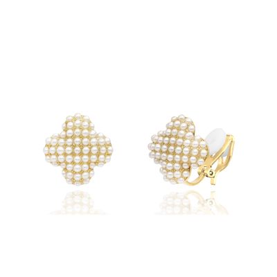 YOQUCOL Four-leaf Clover Shape Simulated Pearl Golden Clip On Stud Earrings Non Pierced Ear Earrings for Women